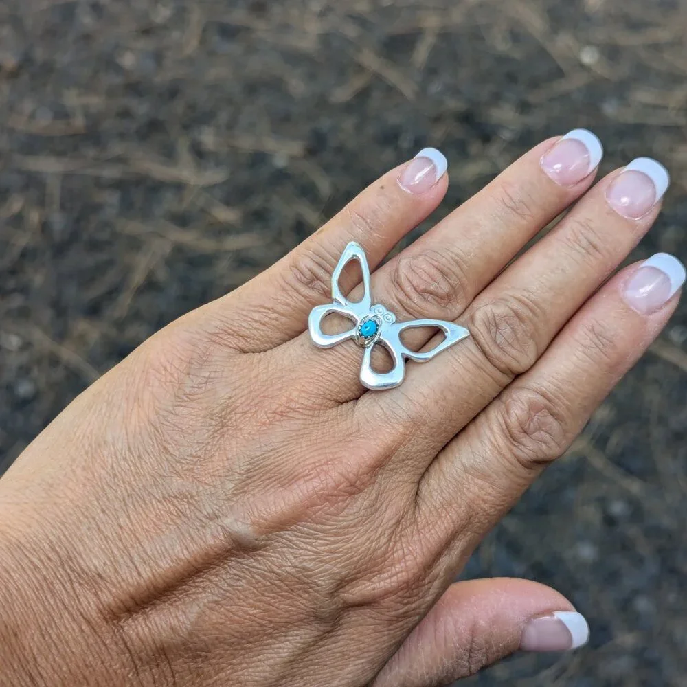 Navajo Turquoise Butterfly Ring Sterling Silver Handmade Native American Sz 5US*